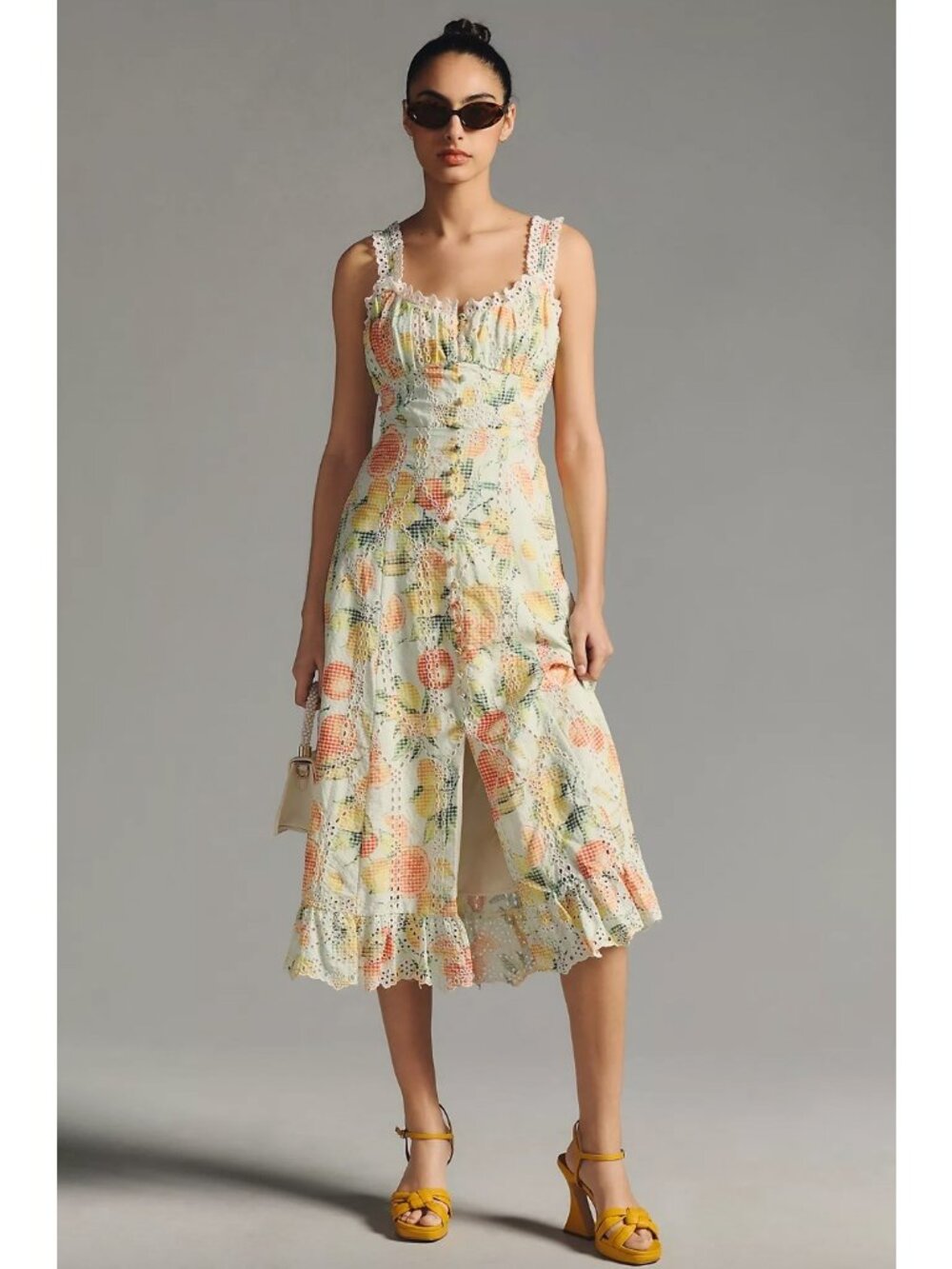 Anthropologie Ruffled Eyelet Tropical Citrus Print Dress Size XS